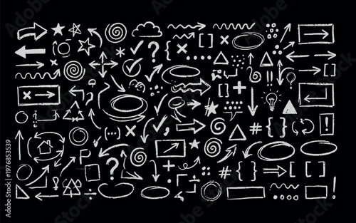 Collection of white hand drawn symbols and signs on for design