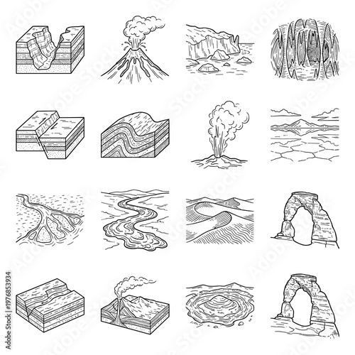 Geology and landscape collection: black line art of volcano, canyon, glacier, cave, and geyser