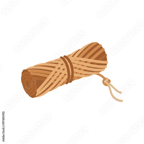 Natural jute rope roll with tied knot isolated on white background flat vector illustration. craft fiber twine cord for handmade packaging and DIY projects. rustic string bundle.