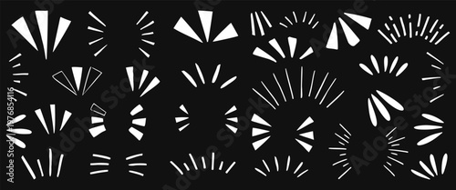 Minimal abstract sunburst and radial burst shapes collection in white on black background for modern graphic design. Clean geometric rays and segmented circles ideal for branding, posters, 
