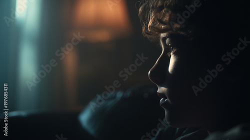 Child watching screen in dark cinematic lighting
