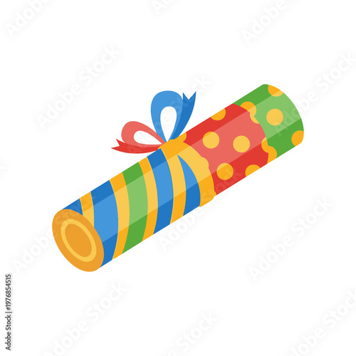 Party popper or noisemaker gift wrapped with colorful striped and polka dot paper, tied with blue and red ribbon, flat design vector.