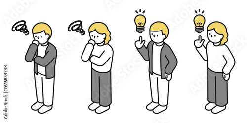 アイソメトリックイラスト:アイデアを思いつく男女 考える男女