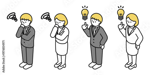 アイソメトリックイラスト:アイデアを思いつく男女 考える男女(スーツ)