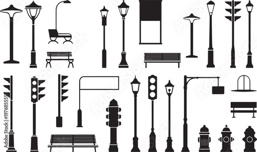 Urban Street Furniture Vector Silhouette Set Featuring Lamps, Benches, and Traffic Signals in Black Side View