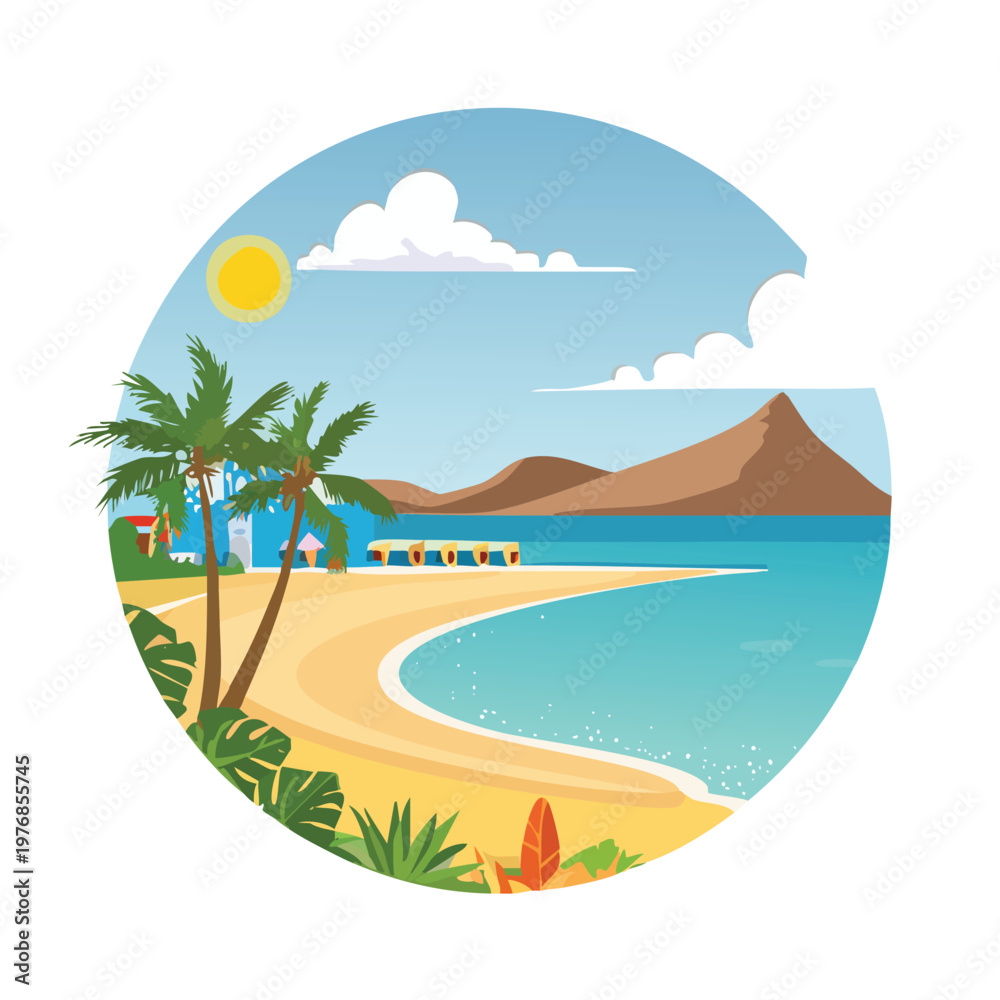 Obraz premium Coastal beach scene with palm trees and ocean under a bright sunny sky