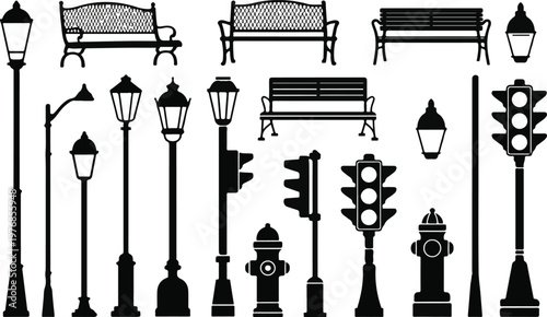 Urban Street Furniture Vector Silhouette Set Featuring Lamps, Benches, and Traffic Signals in Black Side View