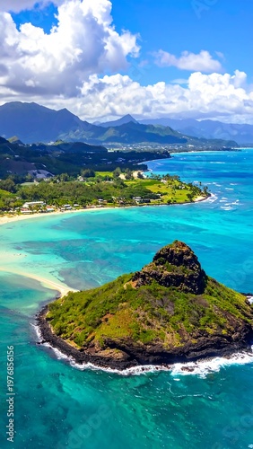 Aerial view of a small green island with turquoise water