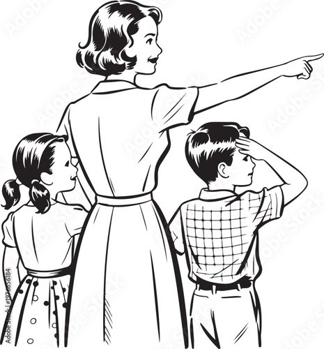 A teacher pointing at something while engaging with two attentive students in a classroom setting