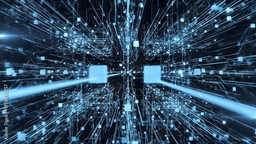 A futuristic digital tunnel showcases a complex network of glowing blue lines and cubic data blocks.