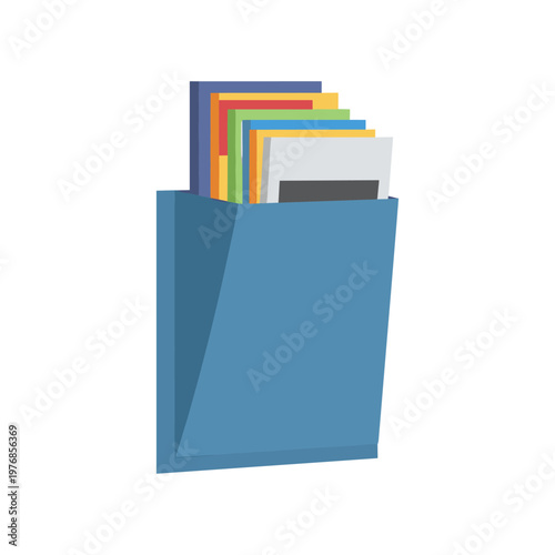 Wall mounted file organizer for office documents and folders featuring blue hanging pocket with colorful paper inserts for school stationary and business administration organization equipment tools.