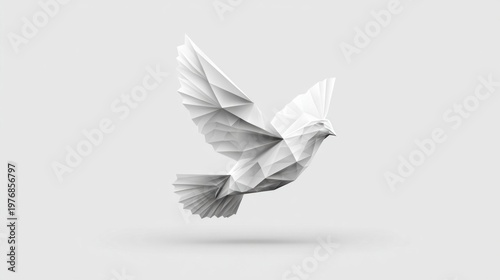 Geometric white dove in flight, symbolizing peace and freedom with its origami-like design
