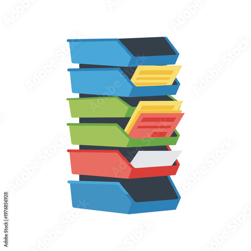 Tiered paper tray stack for document sorting and office organization featuring blue green and red plastic bins for categorizing incoming mail and business reports on professional desktop workspace.