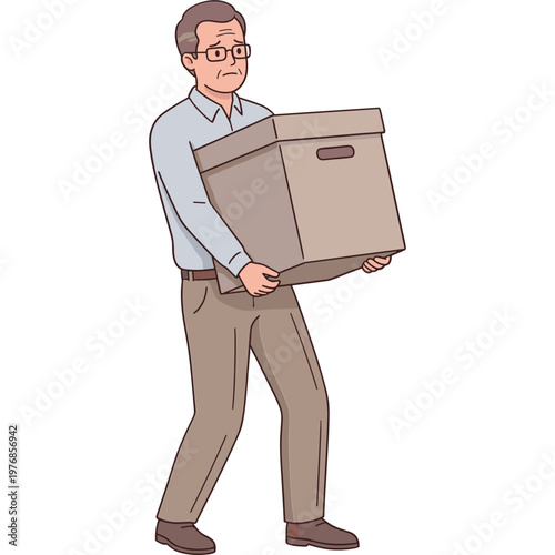 Man carrying large cardboard box with worried expression in office
