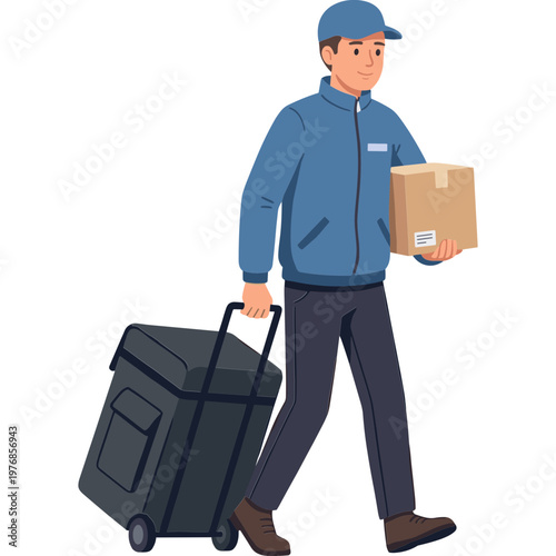 Delivery man walking with luggage and package in hand on street