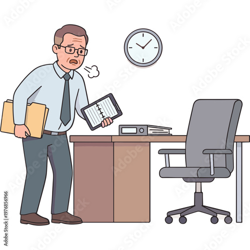 Man leaves office holding files, looking stressed, with clock on wall.