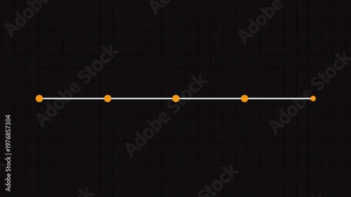 Timeline clip with five circles 4k animation video. Growing horizontal line and orange circle data points on a dark grid background. Useful for information sharing and animated infographic design