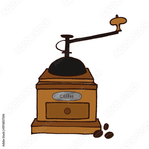 Cute hand-drawn antique manual coffee grinder illustration with coffee beans, retro vintage cafe goods clipart on white background