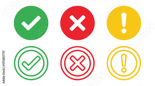 Status icon set with check mark, cross and exclamation symbols. Success, error and warning indicators. System notification and interface elements for confirmation, alerts and feedback states.
