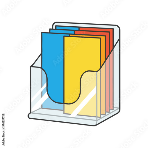 Clear acrylic brochure holder with various colorful flyers, transparent display stand for promotional materials, marketing document organizer with red blue yellow papers.