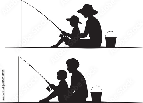 Two generations enjoying fishing by the water’s edge together under the sun.