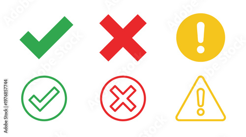 Collection of colorful icons representing status errors and warnings with circular and triangular shapes