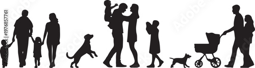 Silhouettes of families with pets and strollers in a casual setting