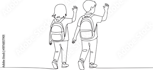 Two children walking together with backpacks and waving hands in greeting