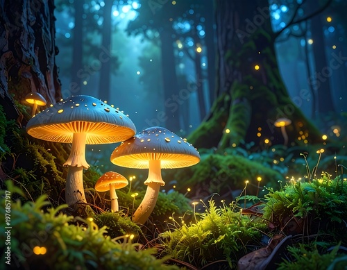 Glowing mushrooms in a mystical forest with fireflies and moss