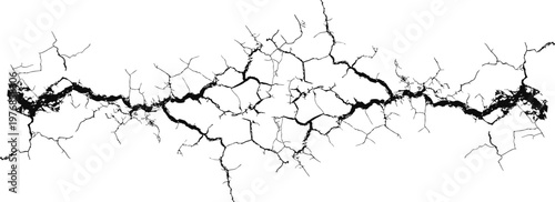 Cracked ground texture with realistic fracture lines and broken surface details. Abstract earthquake split effect for grunge backgrounds, damage concepts, and dramatic designs. Monochrome crack 