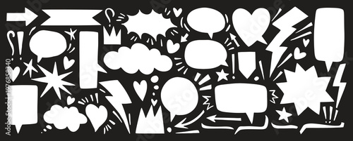 Comic speech bubble vector set with explosive shapes, arrows, clouds, and hearts. Cartoon dialogue balloons and burst elements for pop art, manga, and fun design projects. Bold monochrome collection 