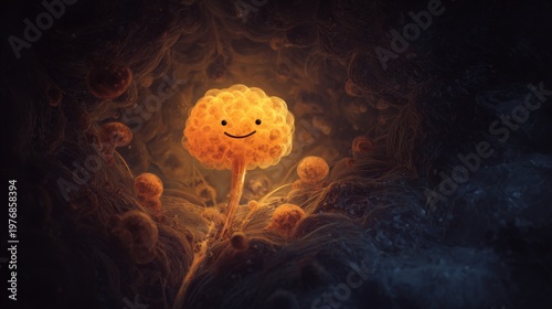 Cheerful Glowing Brain Cell or Fungal Structure in Abstract Dark Microcosm