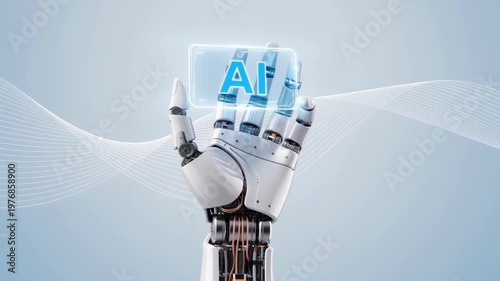 A robotic hand holding a glowing AI panel with futuristic circuit design on light blue background. Artificial intelligence concept.