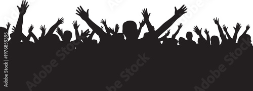 Silhouette of a cheering crowd with hands raised in celebration against a white background