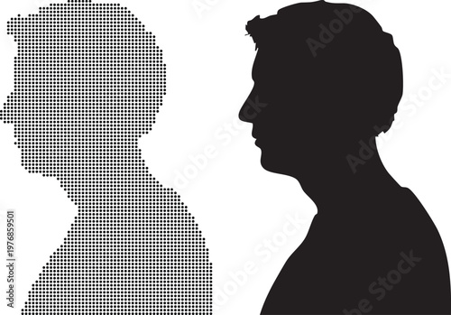 Silhouette of a man's profile next to a dotted outline of a man's head and shoulders on a white