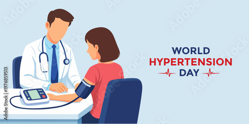 World Hypertension Day banner featuring a doctor checking a patient’s blood pressure using a digital monitor. Flat illustration highlighting healthcare awareness and cardiovascular health.