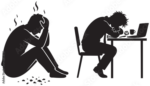Silhouettes of two stressed or exhausted men one sitting on floor with head in hands other