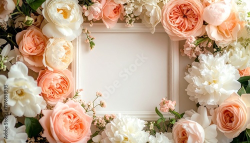 Modern Light and Airy Floral Arrangement in Soft Peach and Ivory Tones Framed for Romantic Announcements, Wedding Invitations, and Creative Design Use