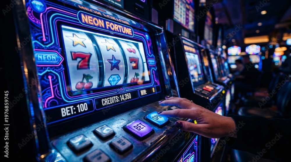 Naklejka premium Slot machine showing winning symbols on screen. Gambler playing electronic game for jackpot in casino. Lucky combination with seven and cherry icons. Digital gambling device entertainment.