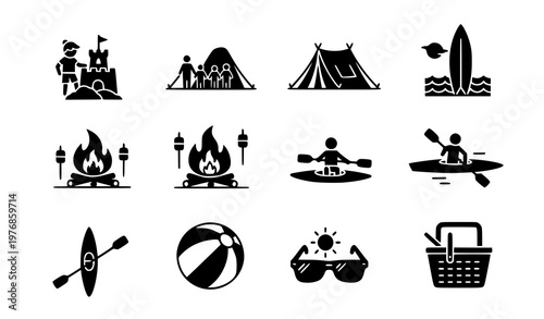 Summer camping and beach activities icon set featuring solid black silhouettes for outdoor adventure and travel industry projects
