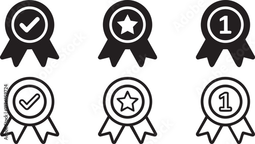 Six black and white featuring first place ribbons with number one star and checkmark symbols
