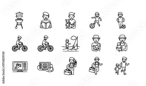Family lifestyle and outdoor recreation activity vector icon set depicting childhood hobbies and parenting moments in simple style