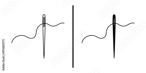 Sewing Needle with Thread and Tailoring Stitch Vector Line Art and Silhouette Icon Set.