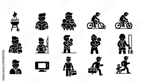 Family lifestyle and daily activities icon set featuring black silhouettes for social work education and parent child interaction projects
