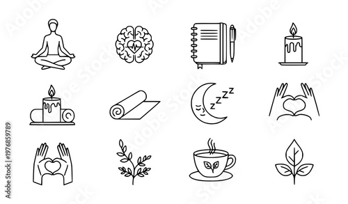 Wellness and mindfulness meditation vector icon set for mental health yoga practice and spiritual relaxation and calm living