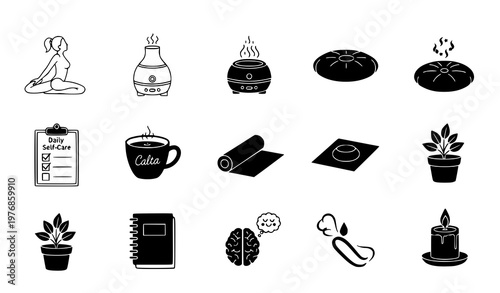 Daily self-care and wellness vector icon set featuring yoga poses essential oil diffusers and healthy habits for mental health awareness