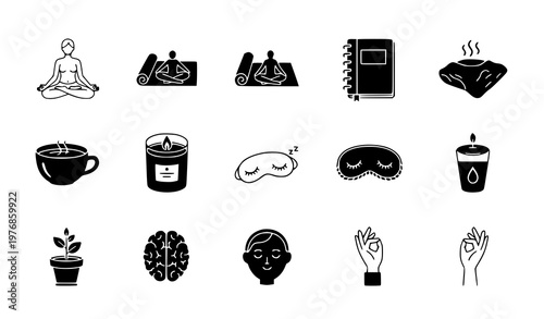 Relaxation and mindfulness vector icon set featuring yoga poses sleeping masks and meditation tools for wellness and self-care apps
