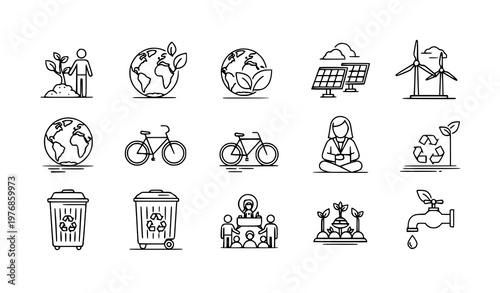 Environmental protection and sustainable living icons set with solar energy recycling and eco friendly lifestyle symbols in line style