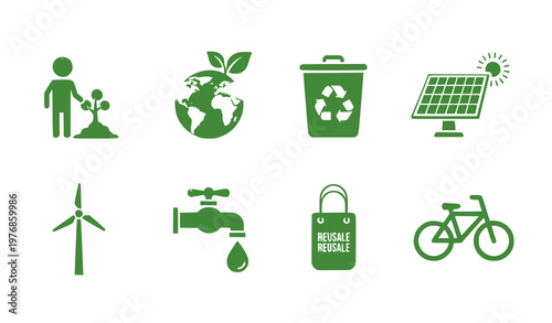 Green eco friendly icons set featuring solar panels recycling bins and sustainable resource symbols in solid green vector graphic style