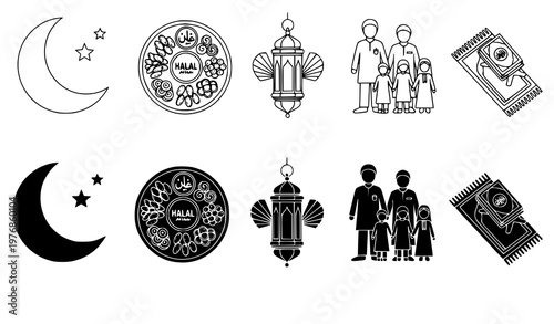 Ramadan crescent moon and lantern icons set in black and white line art vector style for islamic holiday celebration design and graphic projects
